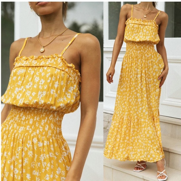 yellow floral print smocked ruffle cami maxi dress - Picture 6 of 9